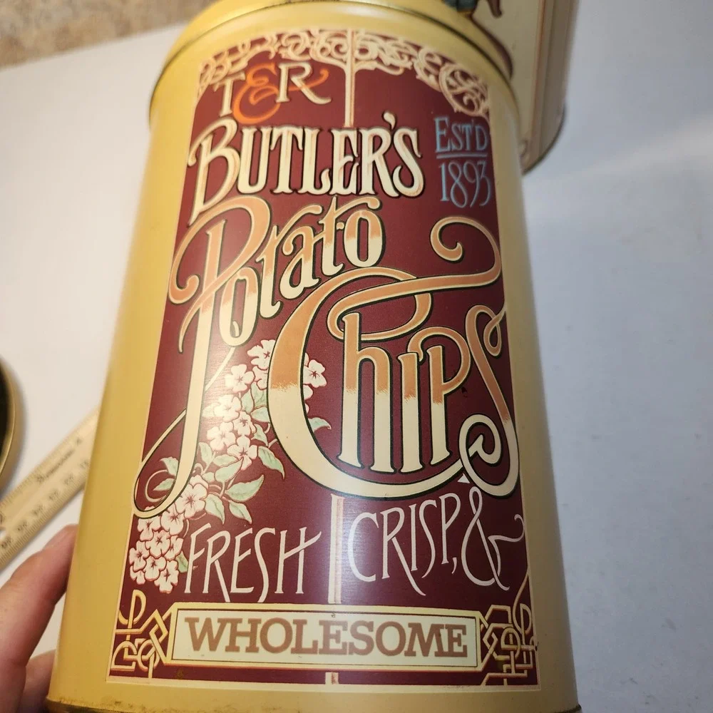 Vintage Intrigue Potato Chip & Pretzel Tin Canister Set Made in England Cream